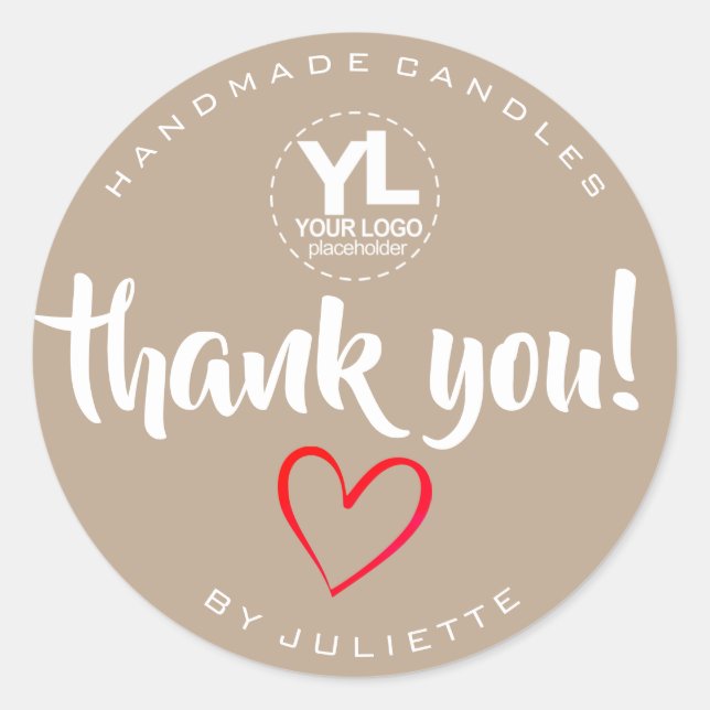 Modern Rustic Thank You Red Heart Natural Brown Classic Round Sticker (Front)