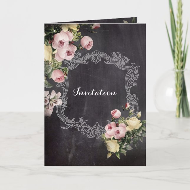 modern rustic  vintage flowers Chalkboard wedding Invitation (Front)
