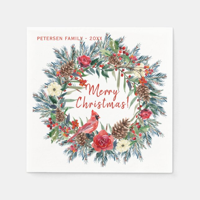 Modern rustic watercolor floral Merry Christmas Napkin (Front)