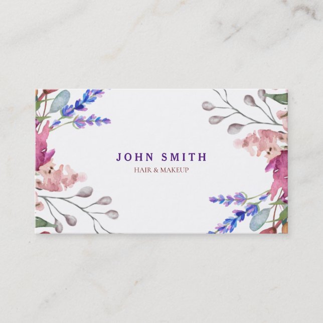 Modern Rustic Watercolor Greenery Floral Makeup  Business Card (Front)