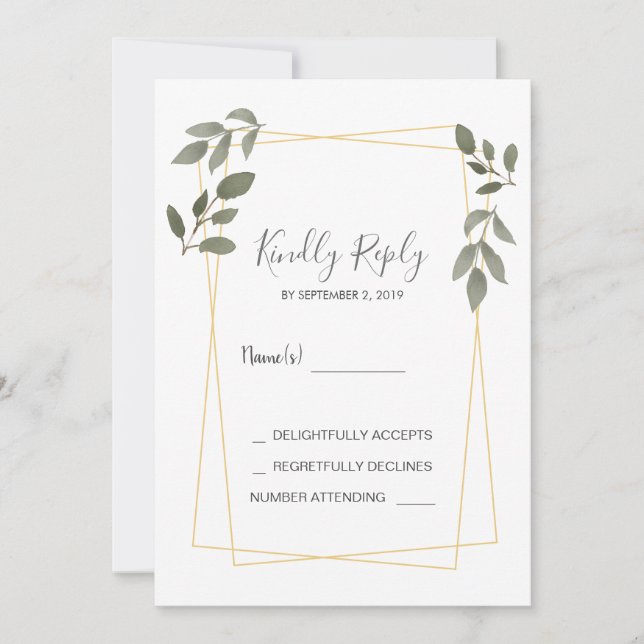 Modern rustic watercolor leaves gold frame RSVP Invitation (Front)