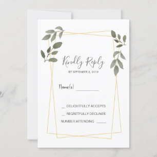 Modern rustic watercolor leaves gold frame RSVP Invitation