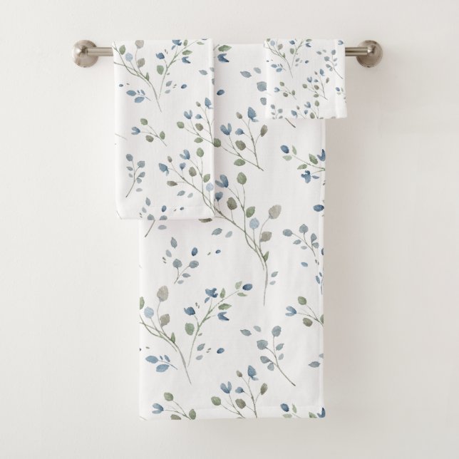 Modern Rustic Watercolor Style Botanical Leaves Bath Towel Set (Insitu)