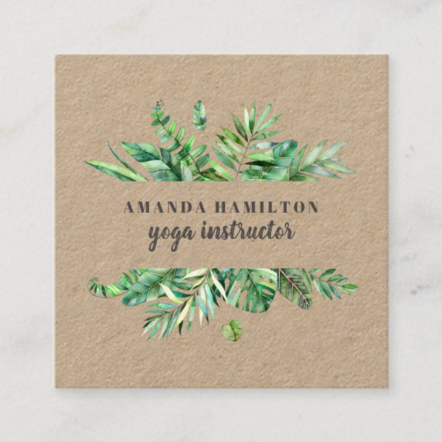 Modern RUSTIC Watercolor tropical green foliage Square Business Card (Front)
