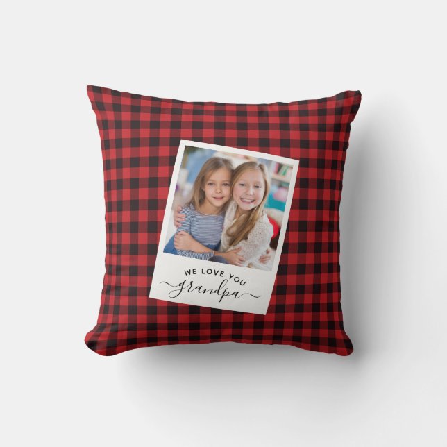 Modern Rustic We love you Grandpa Red Plaid Photo Cushion (Front)