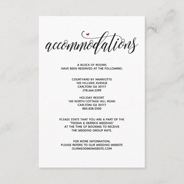 Modern Rustic wedding accommodations card (Front)