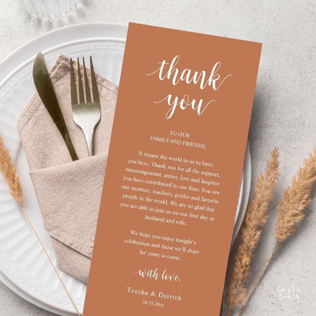 Modern Rustic Wedding Dinner Thank You Card (Modern Rustic Wedding Dinner Thank You Card Reception Lunch Brunch Reception in Copper Brown)