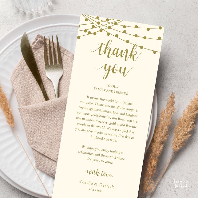 Modern Rustic Wedding Dinner Thank You Card (Modern Rustic Wedding Dinner Thank You Card Reception Reception String Lights Yellow Gold)