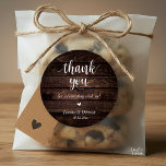 Modern Rustic Wedding Dinner Thank You Gifts  Classic Round Sticker<br><div class="desc">Modern Wedding rustic Thank You Gifts Classic favour Round Sticker,  in clean script,  little cute red heart,  with bride and groom signature and wedding date,  cottage brown wood theme.</div>