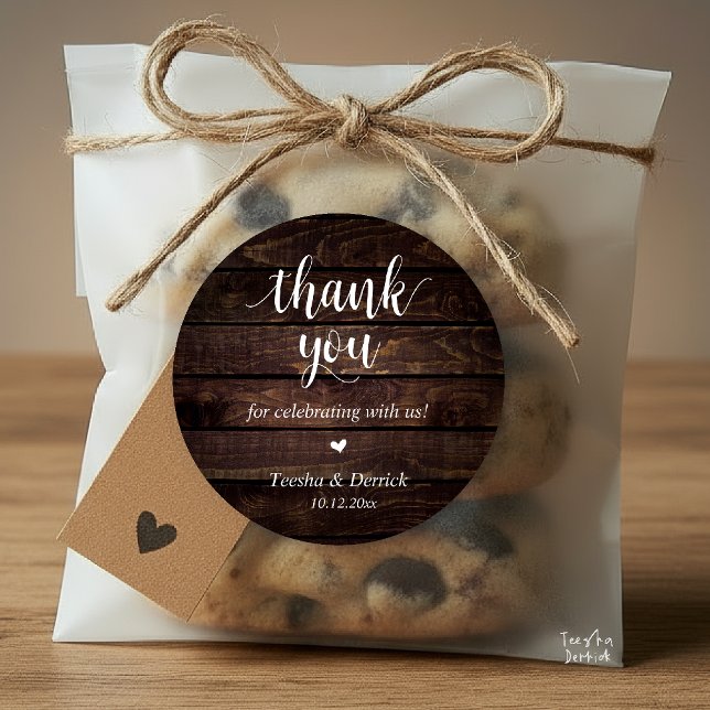 Modern Rustic Wedding Dinner Thank You Gifts  Classic Round Sticker (Modern Rustic Wedding Dinner Thank You Gifts Classic Round Sticker cute heart Brown Wood)