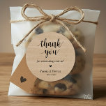 Modern Rustic Wedding Dinner Thank You Gifts  Classic Round Sticker<br><div class="desc">Modern Wedding rustic Thank You Gifts Classic favour Round Sticker,  in clean script,  little cute red heart,  with bride and groom signature and wedding date,  cottage brown wood theme.</div>