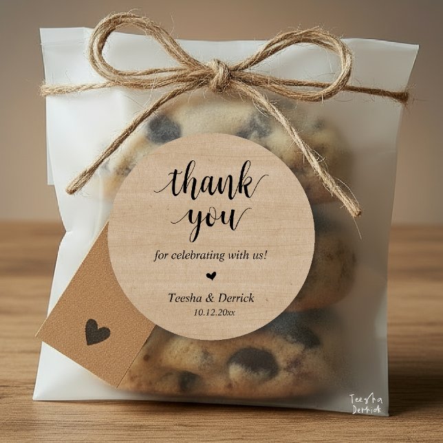 Modern Rustic Wedding Dinner Thank You Gifts  Classic Round Sticker (Modern Rustic Wedding Dinner Thank You Gifts Classic Round Sticker cute heart Brown Wood)