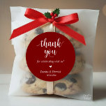 Modern Rustic Wedding Dinner Thank You Gifts  Classic Round Sticker<br><div class="desc">Modern Wedding rustic Thank You Gifts Classic favour Round Sticker,  in clean script,  little cute red heart,  with bride and groom signature and wedding date,  burgundy deep red wine theme.</div>