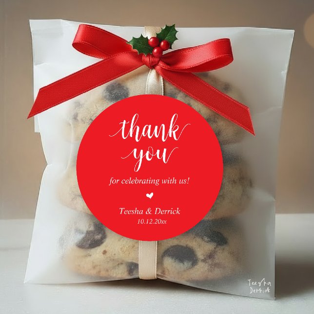 Modern Rustic Wedding Dinner Thank You Gifts  Classic Round Sticker (Modern Rustic Wedding Dinner Thank You Gifts Classic Round Sticker cute heart Bright Red)