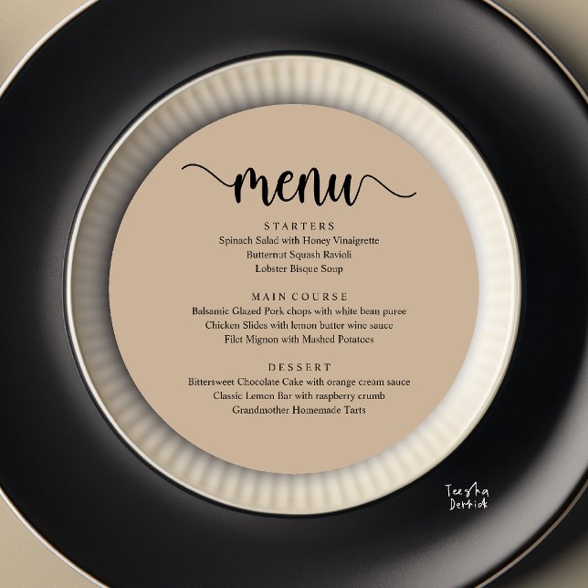 Modern Rustic, Wedding Elopement Round Dinner Menu (Modern Rustic, Wedding Elopement Round Dinner Menu Card in Brown Tan)