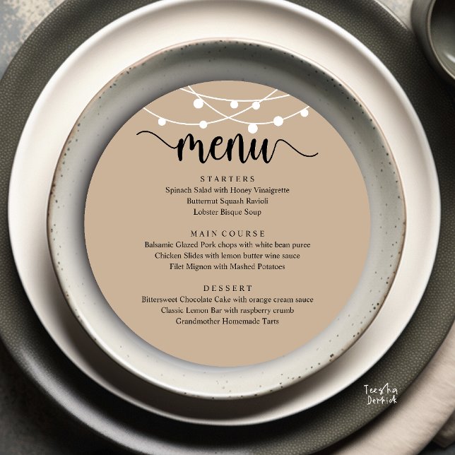 Modern Rustic, Wedding Elopement Round Dinner Menu (Modern Rustic, Wedding Elopement Round Dinner Menu Card in Brown Tan String Lights)