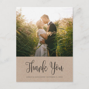 Modern rustic wedding. Kraft calligraphy thank you Postcard