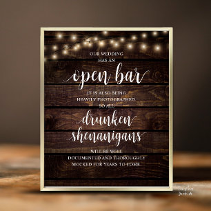 Modern Rustic Wedding Open Bar Drunken Shenanigans Poster