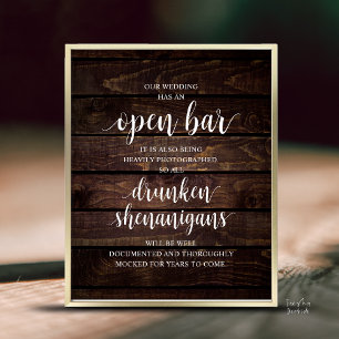 Modern Rustic Wedding Open Bar Drunken Shenanigans Poster