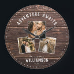 Modern Rustic Wedding Photo Collage Keepsake Large Clock<br><div class="desc">Modern 3 photo collage wedding clock with a customisable message now reading ADVENTURE AWAITS with 3 frames of favourite pictures underneath on a rustic farmhouse style (printed) wood background. Make it your own by adding your family name and year established below. Unique and personal keepsake gift for the newlyweds or...</div>