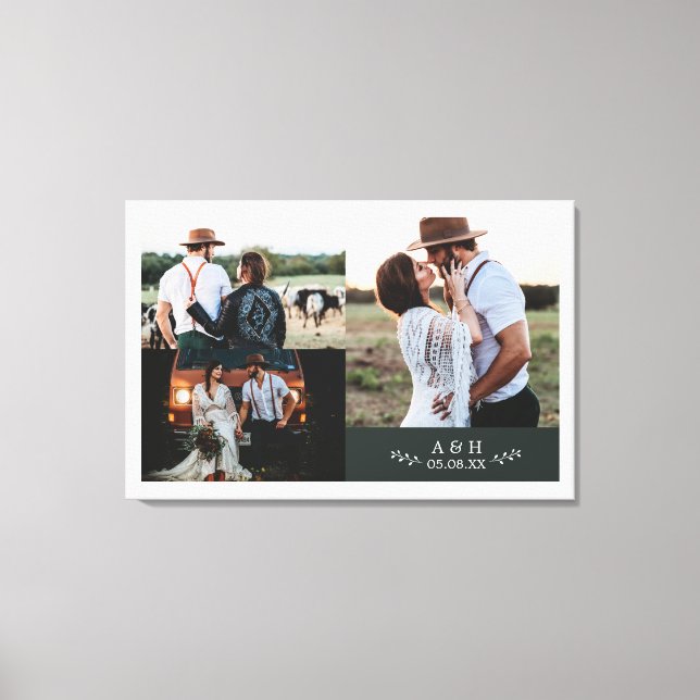 Modern Rustic Wedding Photo Collage Leaf Monogram Canvas Print (Front)