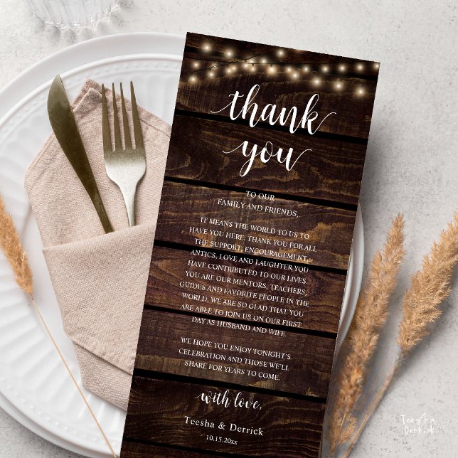 Modern Rustic Wedding Reception Thank You Card (Modern Rustic Wedding Dinner Thank You Card Reception Reception String Lights Dark Brown Wood)