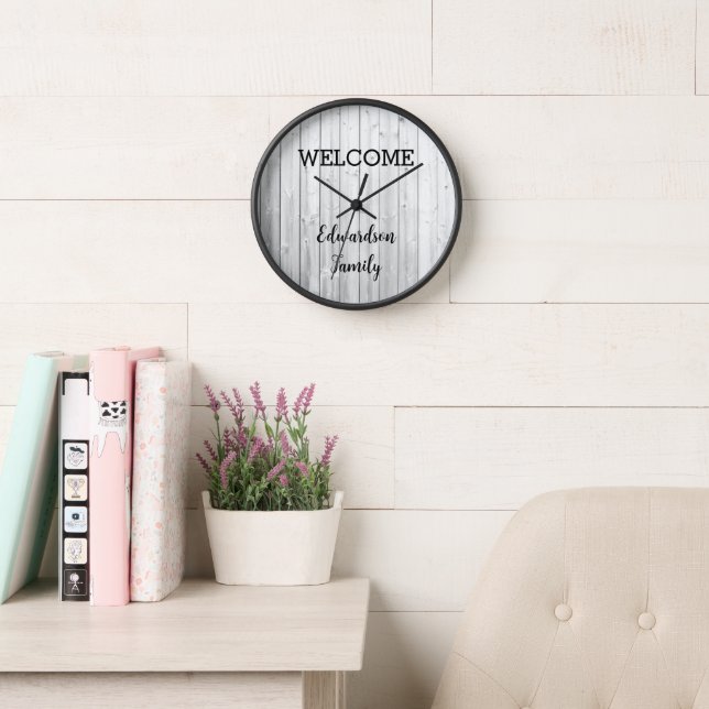 Modern rustic welcome Family name grey shiplap Clock (Reading Room)