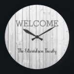 Modern rustic welcome Family name grey shiplap Large Clock<br><div class="desc">Modern rustic Welcome Family name,  white grey shiplap background,  wall clock.
You can easily change the text and add your name.</div>