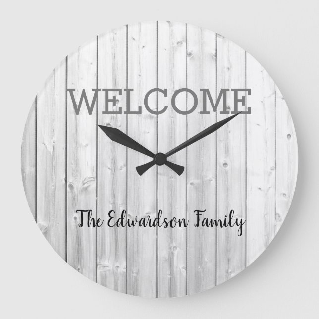 Modern rustic welcome Family name grey shiplap Large Clock (Front)