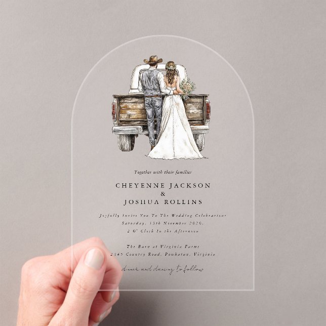 Modern Rustic Western Bride Groom Wedding  Acrylic Invitations (Insitu (Handheld))