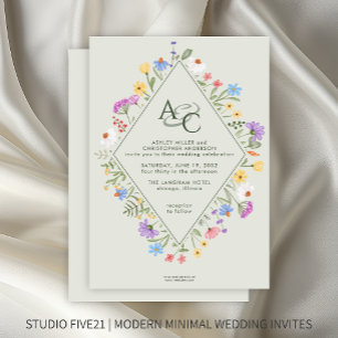 Modern Rustic Wildflower Monogram Sage Wedding Invitation