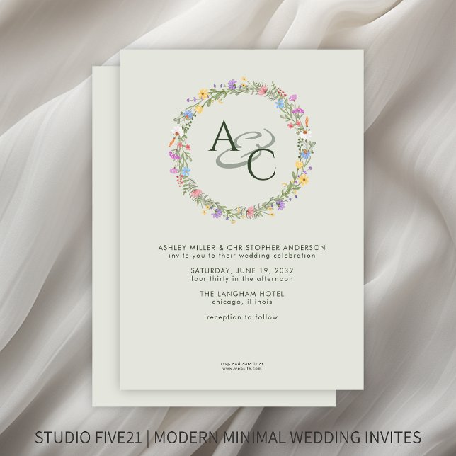 Modern Rustic Wildflower Monogram Sage Wedding Invitation (Creator Uploaded)