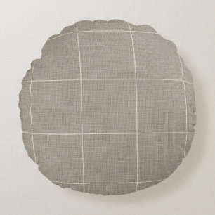 Modern Rustic Windowpane Plaid Linen Grey Round Cushion