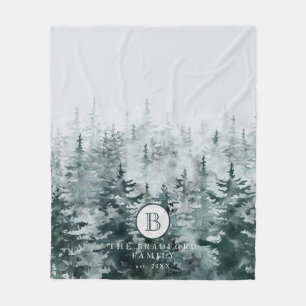 Modern Rustic Winter Forest Pine Family Monogram Fleece Blanket
