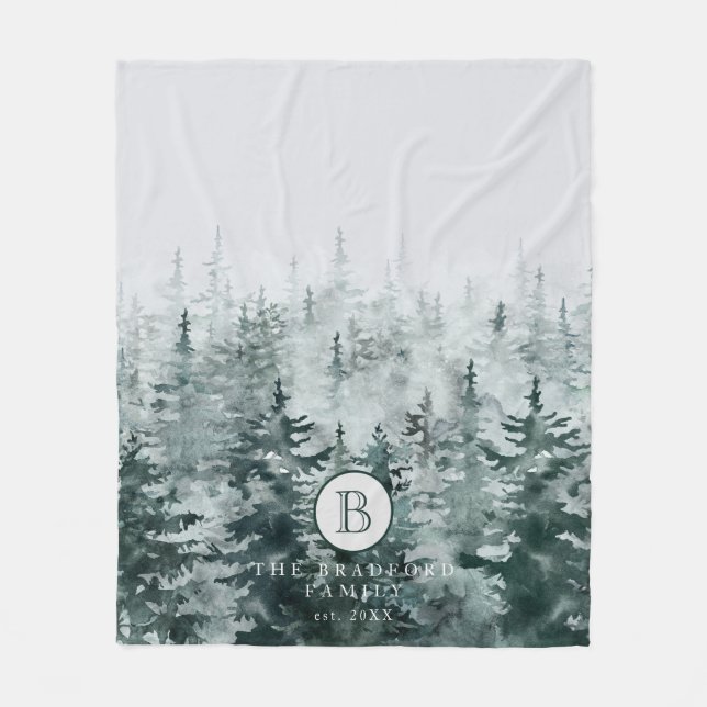 Modern Rustic Winter Forest Pine Family Monogram Fleece Blanket (Front)
