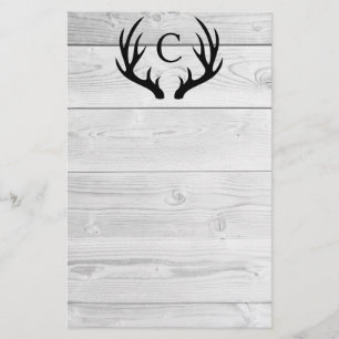 Modern Rustic Wood & Black Deer Antlers   Monogram Stationery
