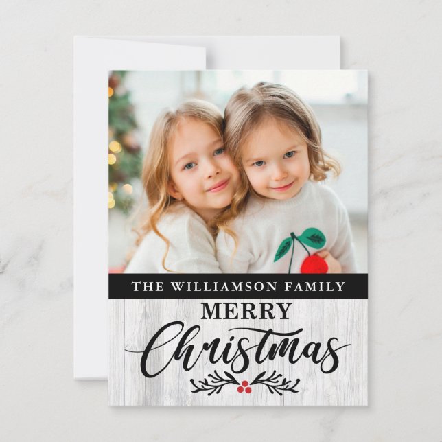 Modern Rustic Wood Family Photo Christmas Card  (Front)