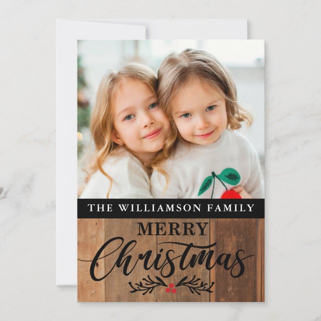 Modern Rustic Wood Family Photo Christmas Card  (Front)