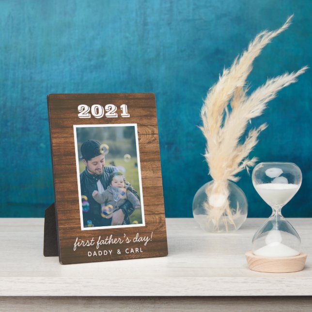 Modern Rustic Wood First Father's Day Custom Photo Plaque (Side)