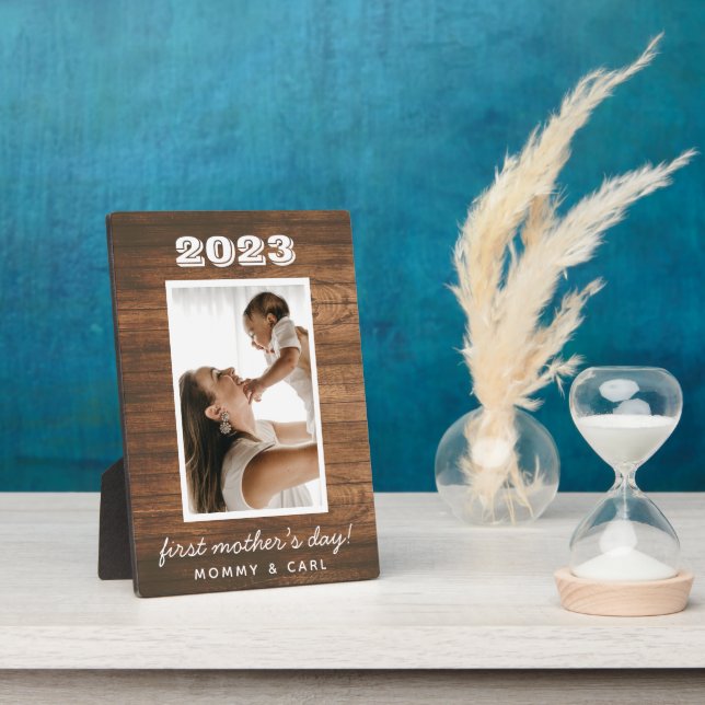 Modern Rustic Wood First Mother’s Day Custom Photo Plaque (Side)
