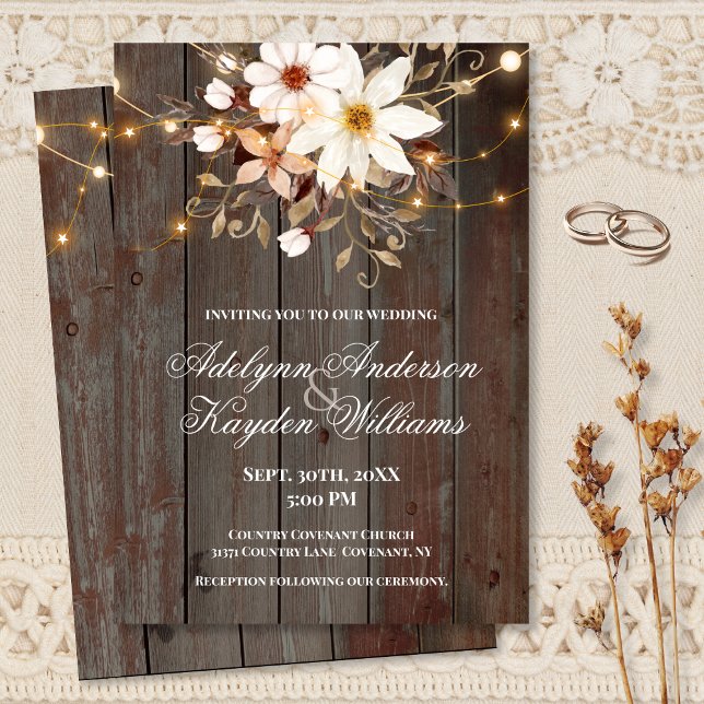 Modern Rustic Wood Floral Lights Wedding  Invitation (Creator Uploaded)