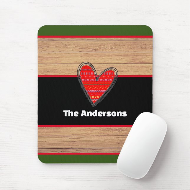 Modern Rustic Wood Heart Custom Name  Mouse Mat (With Mouse)