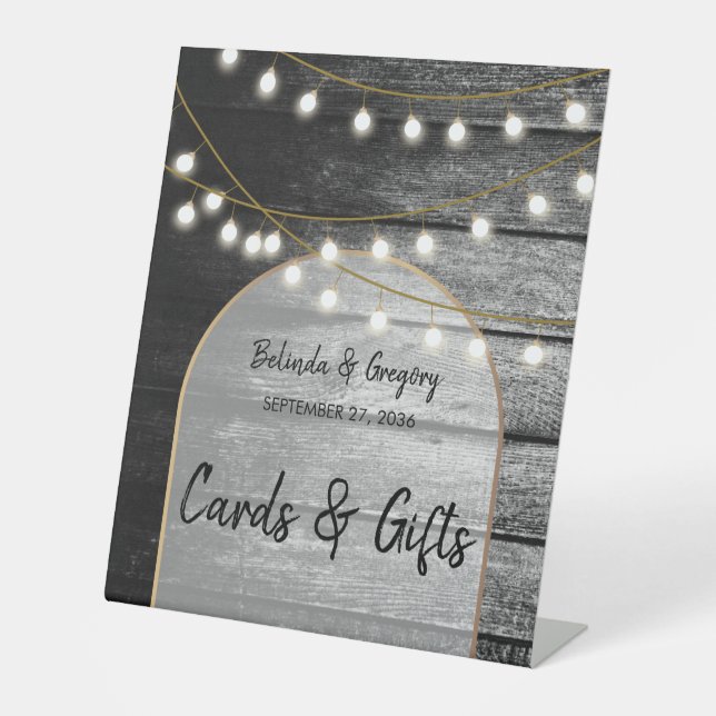 Modern Rustic Wood Lights Wedding Cards & Gifts Pedestal Sign (Front)