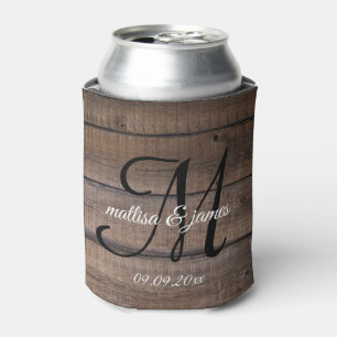 Modern Rustic Wood Monogram Script Wedding Party  Can Cooler
