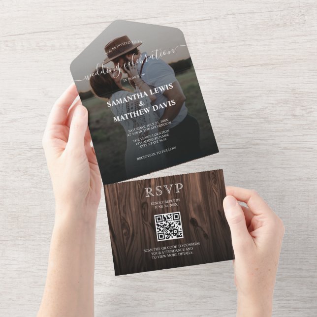 Modern Rustic Wood Outdoor Wedding QR Code All In One Invitation (Tearaway)