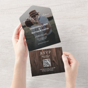 Modern Rustic Wood Outdoor Wedding QR Code All In One Invitation