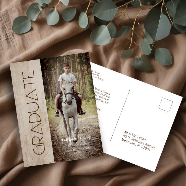 Modern Rustic Wood Photo Unisex Graduation Postcard (Modern Rustic Wood Photo Unisex Graduation Invitation Postcards.)