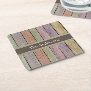 Modern Rustic Wood Plank Family Name Square Paper Coaster