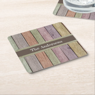 Modern Rustic Wood Plank Family Name Square Paper Coaster