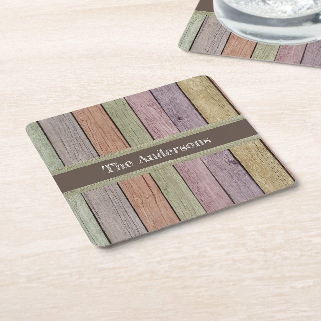 Modern Rustic Wood Plank Family Name  Square Paper Coaster (Angled)